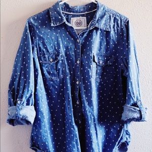 Blue Jean Button-Down Top w/ Hearts